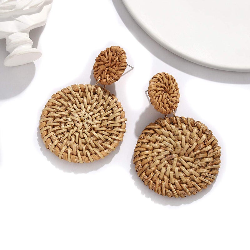 YAHPERN Rattan Earrings for Women Handmade Lightweight Wicker Straw Stud Earrings Statement Weaving Braid Drop Dangle Earring (Dark Rattan Disk) - Image 4